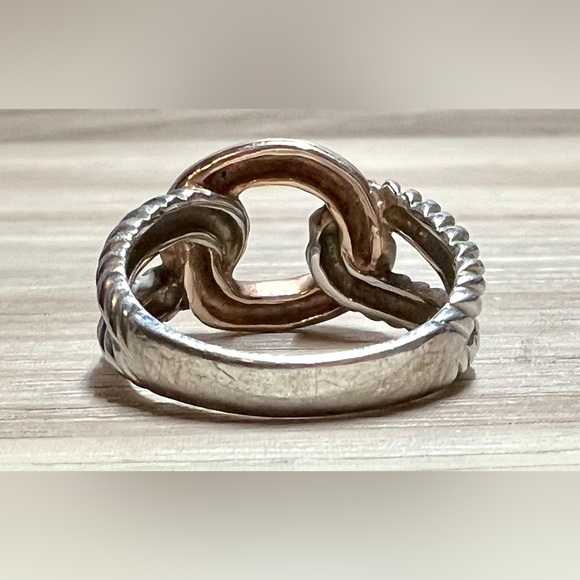Designer Signed (B) Sterling Silver & Gold Wash Two Tone Twisted Cable Link Ring - Picture 4 of 10